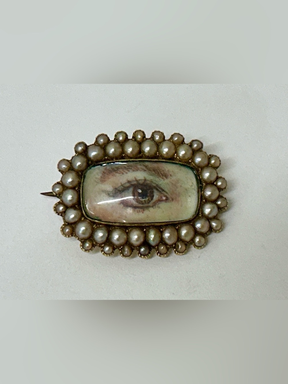 Antique Georgian Era Pearl Studded 12 Karat Gold Hand Painted Lover’s Eye Brooch